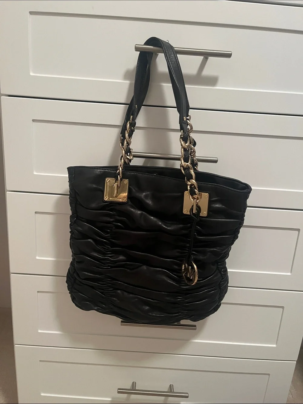 Michael Michael Kors Black Ruched Leather Shoulder Bag with Gold Accents